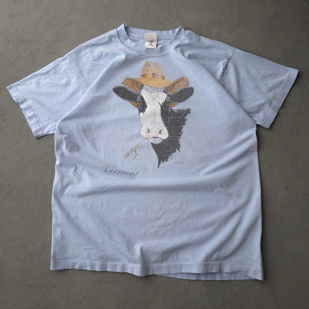 Vintage 90s Fruit of the Loom Blue T-shirt XL Vermont Cow Graphic
